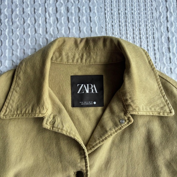 Zara Warm Olive Utility Shirt Jacket Floral Eyelet Scalloped Hem, Size Medium - Picture 2 of 5